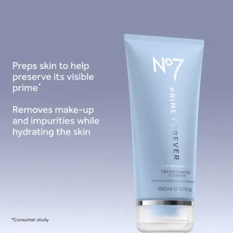 No7 cleanser tube; text says it preps skin, removes makeup and impurities, and hydrates while helping preserve skin’s visible prime. Three No7 Prime Forever serum bottles; text highlights advanced formula and claims reduced skin aging activity within minutes. Open No7 face cream jars; text claims reduced skin aging activity within minutes and 91% felt their skin looked healthier. Under-eye patches in a metal case; text says they support skin’s prime and boost hydration when used with serum. No7 SPF serum bottle; text highlights advanced sun protection and claims reduced skin aging activity within minutes.