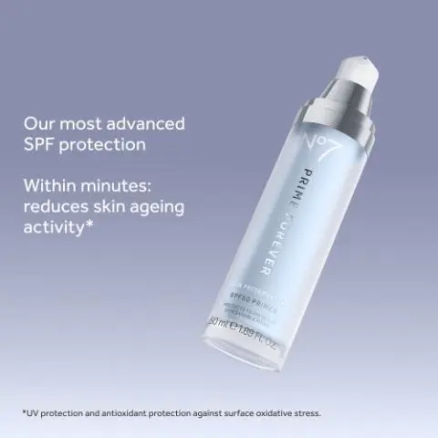 No7 SPF serum bottle; text highlights advanced sun protection and claims reduced skin aging activity within minutes. Three No7 Prime Forever serum bottles; text highlights advanced serum and claims reduced skin aging activity within minutes.