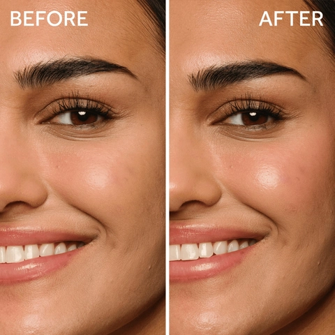 Before-and-after close-up of a smiling woman's cheek and eye, showing smoother, brighter skin after cosmetic use. Lip gloss swatches on three forearms of different skin tones, displaying six shades from nude to bright pink.