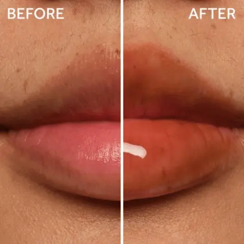 Before-and-after close-up of a smiling woman's cheek and eye, showing smoother, brighter skin after cosmetic use. Lip gloss swatches on three forearms of different skin tones, displaying six shades from nude to bright pink.