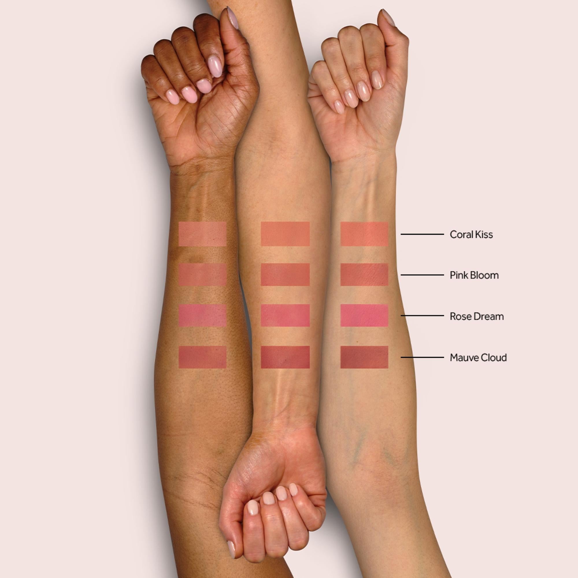 Three forearms with different skin tones display four blush shade swatches, labeled Coral Kiss, Pink Bloom, Rose Dream, and Mauve Cloud.