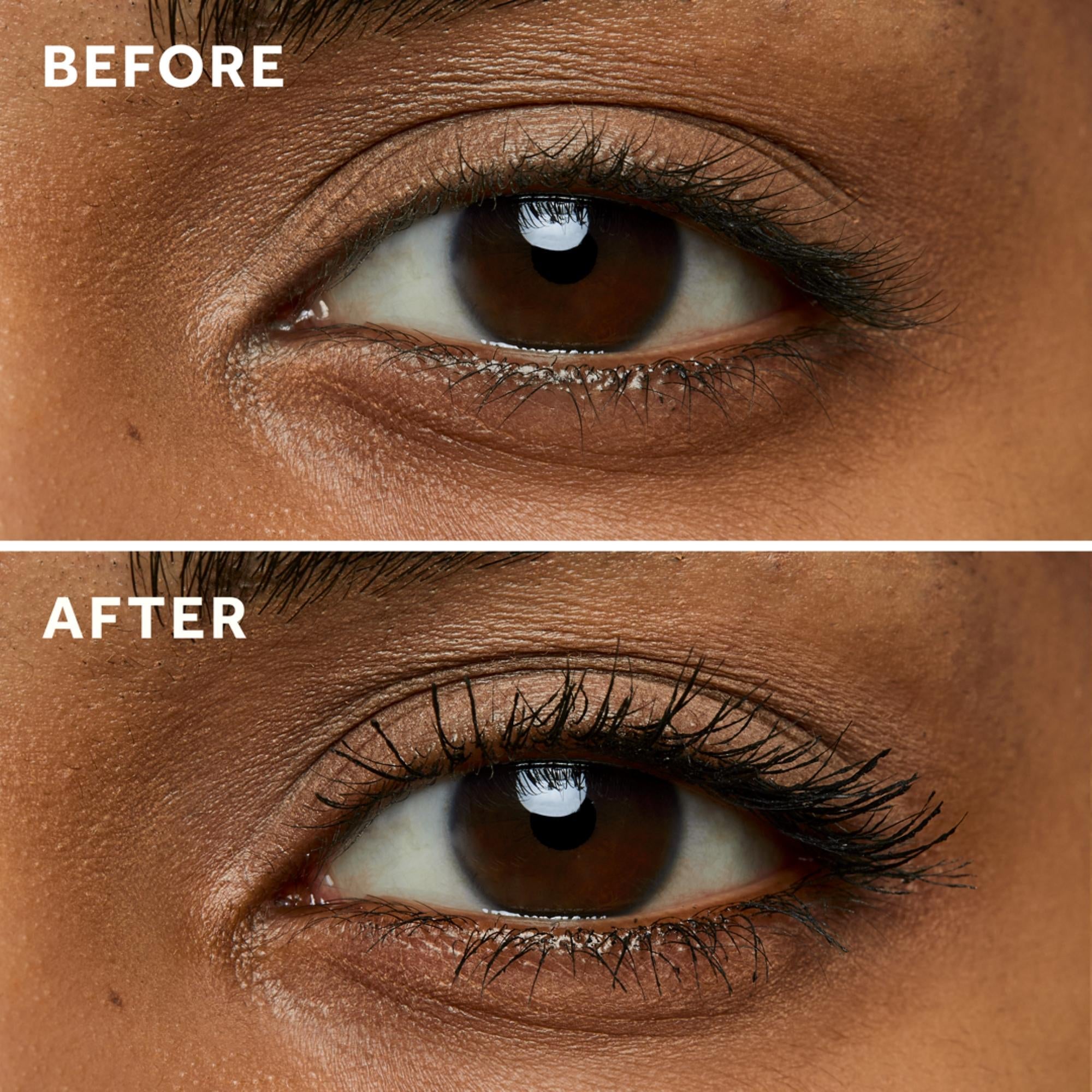 Before-and-after close-up of an eye showing lashes before mascara and longer, fuller, more defined lashes after application.