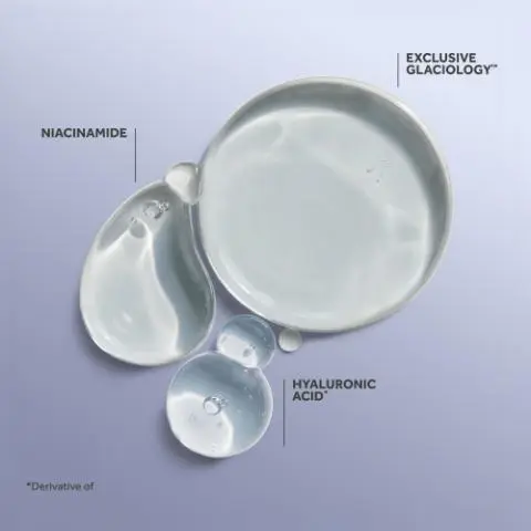 Clear gel droplets labeled niacinamide and hyaluronic acid with glaciology branding, highlighting hydrating skincare ingredients. Blue serum tube with text claiming advanced formula that reduces visible skin aging activity within minutes of application. Soft cream texture background with text noting clinically proven hydration for 100 hours and a fast-absorbing satin-like feel. Complete skincare routine set with cleanser, serum, moisturizer, eye patches, and SPF primer arranged in blue packaging. Two blue bottles labeled serum and SPF50 primer described as a power duo to help reduce visible signs of skin aging. Three blue serum bottles with pumps shown with text highlighting advanced formula that reduces visible skin aging quickly.