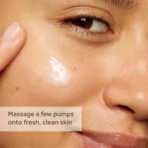 Close-up of glowing skin with Micro Shot Spicule Glow Serum being massaged onto clean skin. No7 Micro Shot Spicule Glow Serum bottle with claims of gentle exfoliation and a brighter-looking complexion. No7 Micro Shot Spicule Glow Serum shown as step 3 in a skincare routine: cleanse, tone, treat, moisturise, protect.
