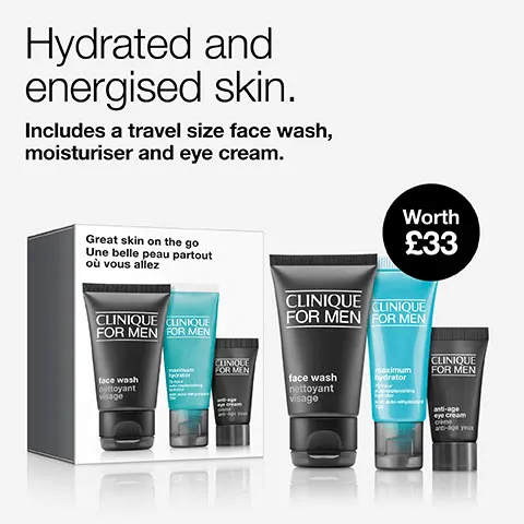 Image 2 - Clinique For Men travel kit with face wash, hydrator, and eye cream labeled Clinique For Men Great skin on the go. Image 3 - Clinique For Men skincare set with face wash, maximum hydrator, and anti-age eye cream tubes labeled Clinique For Men. Image 4 - Skincare graphic showing ingredients for face wash, eye cream, and moisturiser with title Key ingredients.