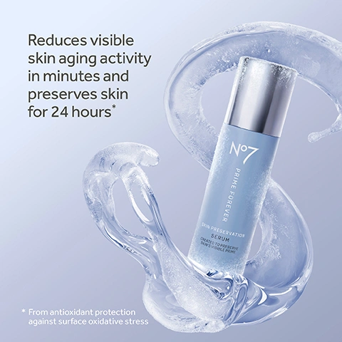 Image 1 - A light blue gradient bottle in a clear water splash with text No7 Prime Forever Skin Preservation Serum. Image 2 - Light blue tube of No7 Prime Forever Skin Preservation Broad Spectrum SPF 50 Primer Sunscreen 50 ml. Image 3 - Light blue No7 serum bottle and primer tube next to text REDUCE VISIBLE AGING BY 60% PRIME FOREVER. Image 4 - Four light blue No7 skincare items reading Step 01 Cleanse Step 02 Treat Step 03 Moisturize Step 04 Prep & Protect.