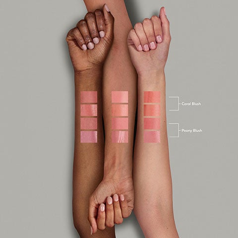 Image 7-noseven-en_GB - Blush shades swatched on three different skin tones labeled Coral Blush and Peony Blush.