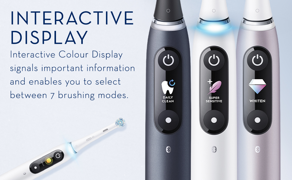 Interactive display. Interactive Black and White Display signals important information and enables you to select between 5 brushing modes.