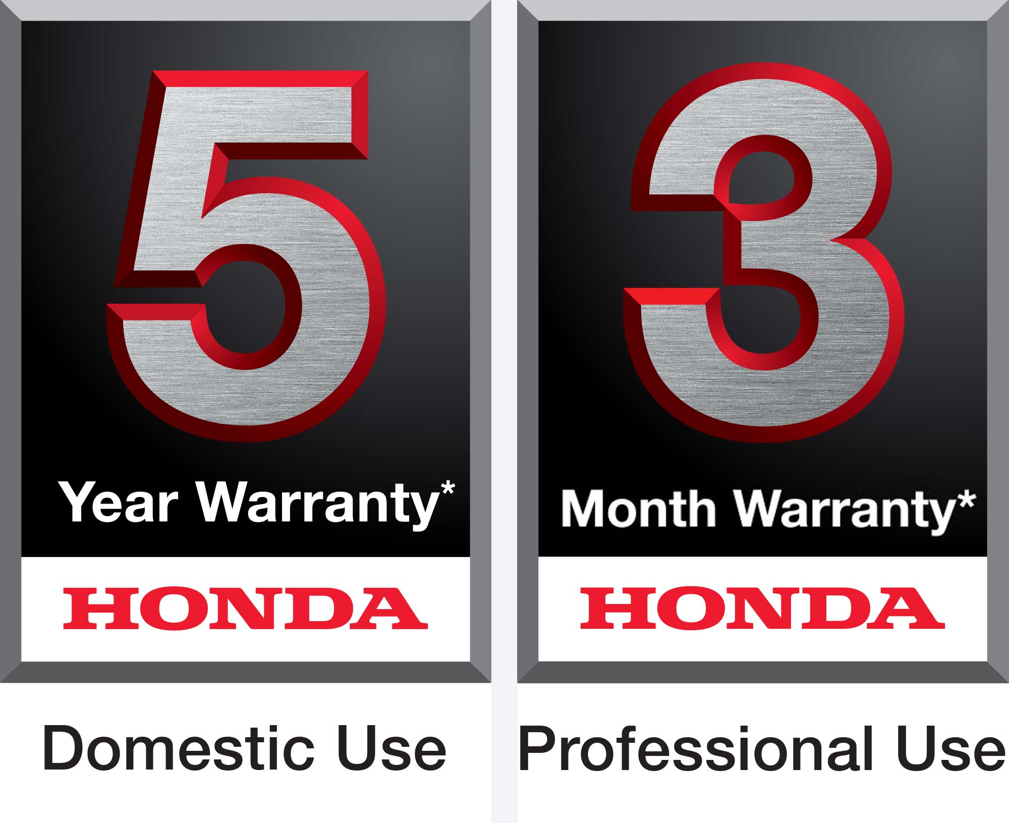 5 year warranty. Honda. Domestic Use. 3 month warranty. Honda. Professional use.