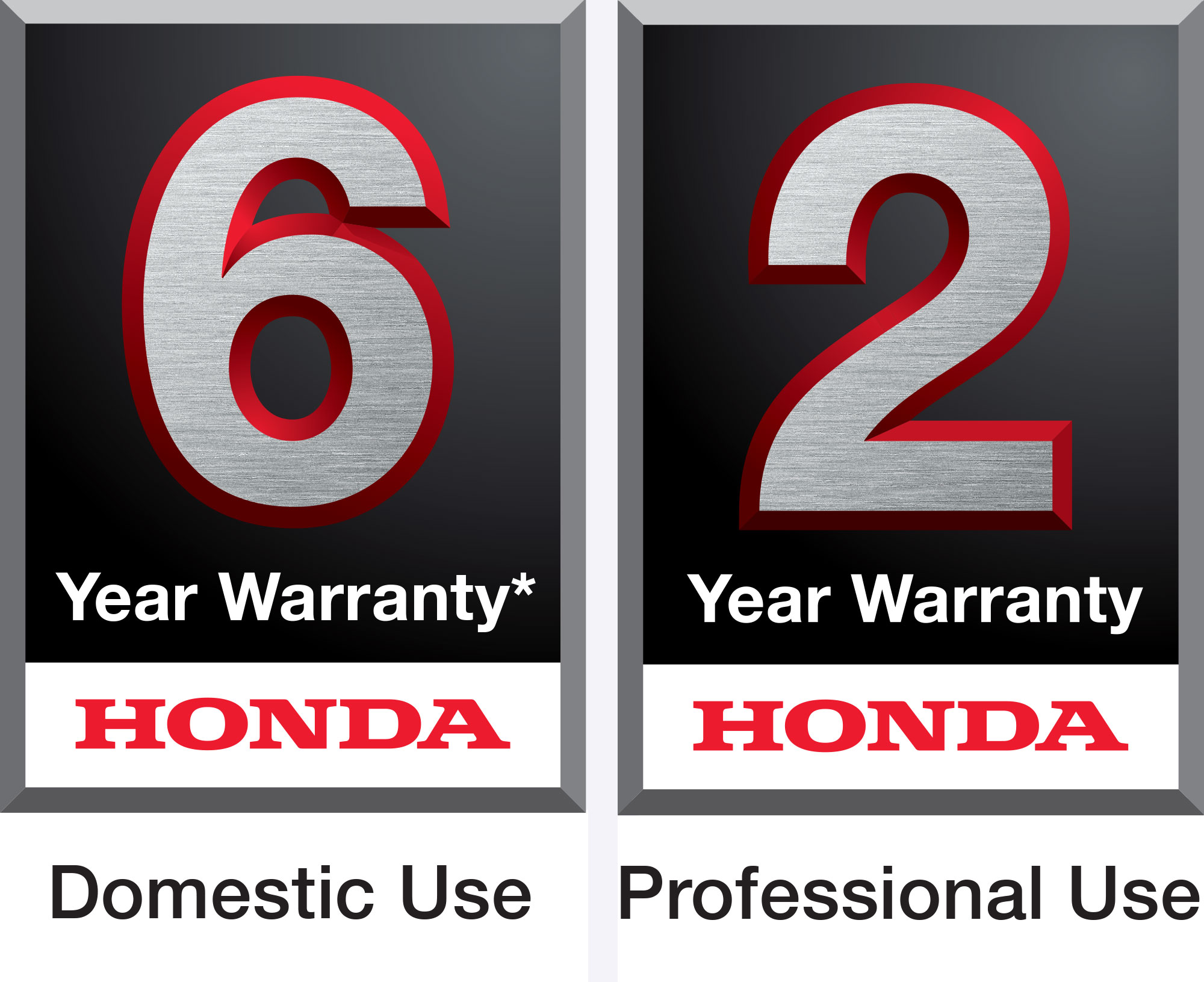 6 year warranty. Honda. Domestic Use. 2 year warranty. Honda. Professional Use.