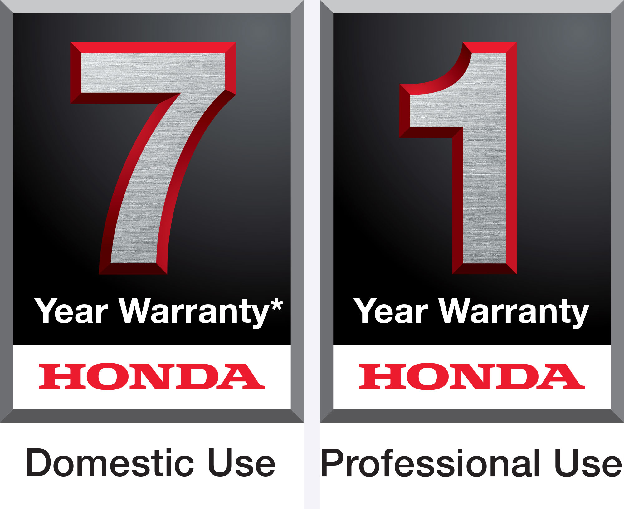 7 year warranty. Honda. Domestic Use. 1 year warranty. Honda. Professional Use.