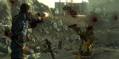 The player, blowing an enemy's leg off