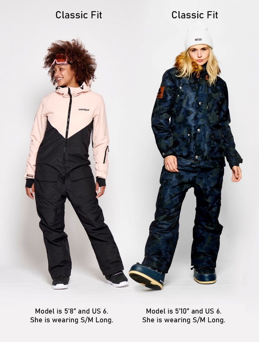 Two Females modelling Ski Suit, first Classic Fit Model is 5'8" US 6 and is wearing S/M Long. Second Classic Fit Model is 5'10" US 6 and is wearing S/M Long