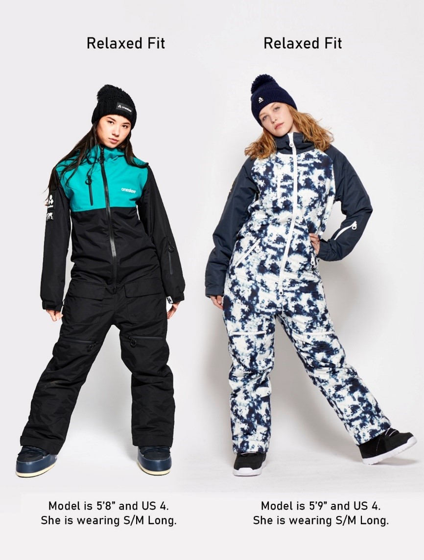Two Females modelling Ski Suit, first Relaxed Fit Model is 5'8" US 4 and is wearing S/M Long. Second Relaxed Fit Model is 5'9" US 4 and is wearing S/M Long