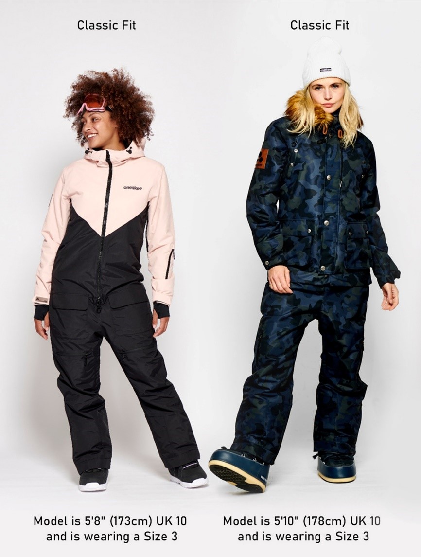 Two female models wearing classic fit Ski Suits. Model on the left is 5'8" (173cm), a UK 10 and is wearing a Size 3 Model on the right is 5'10" (178cm), a UK 10 and is wearing a Size 3