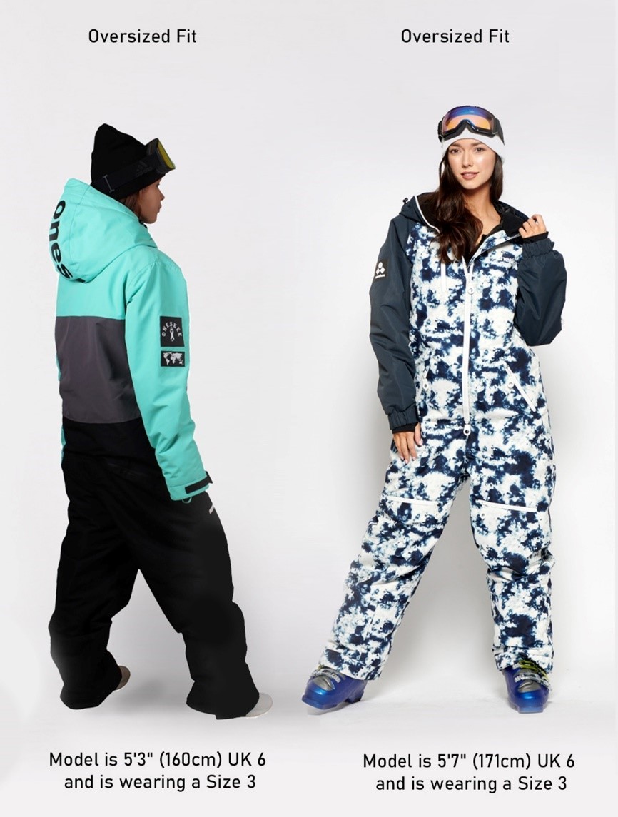 Two female models wearing oversized fit Ski Suits. Model is 5'3" (160cm), a UK 6 and is wearing a Size 3 Model is 5'7" (171cm), a UK 6 and is wearing a Size 3