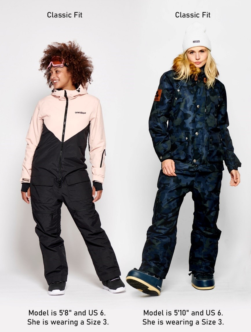 Two female models wearing classic fit Ski Suits. Model on the left is 5'8", a US 6 and is wearing a Size 3. Model on the right is 5'10" a US 6 and is wearing a Size 3