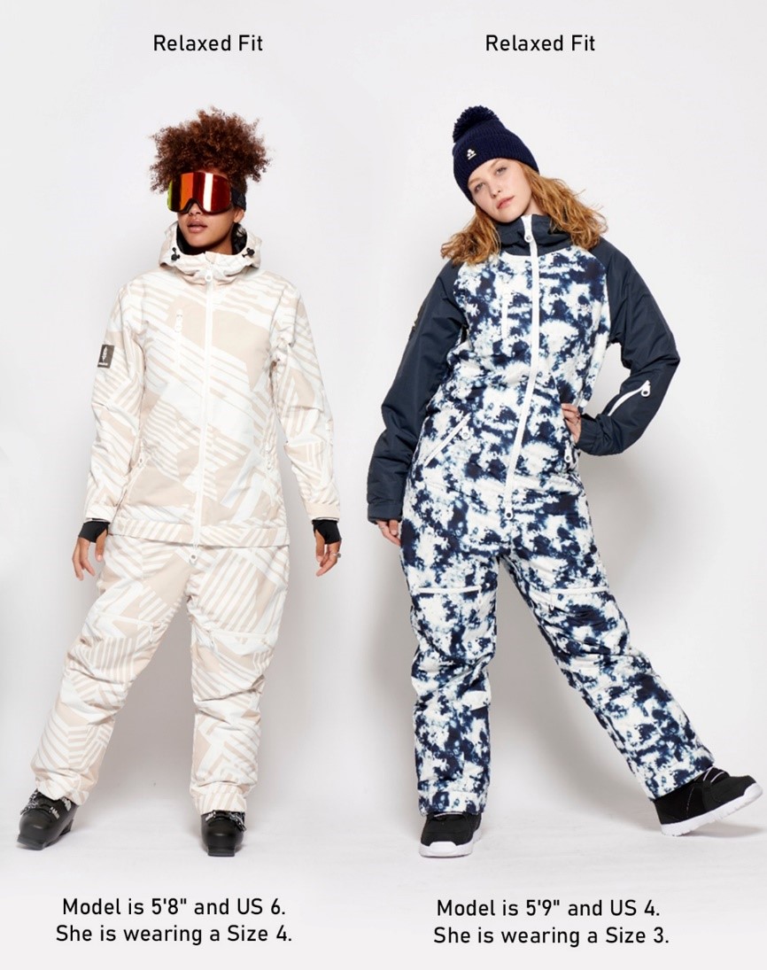 Two female models wearing relaxed fit Ski Suits. Model on the left is 5'8", a US 6 and is wearing a Size 4 Model on the right is 5'9", a US 4 and is wearing a Size 3