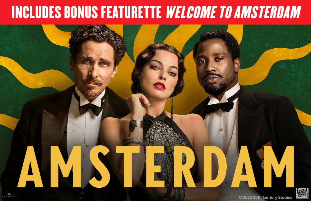 Poster showing the three main characters with a green and white background. Text on the image reads, Includes bonus featurette welcome to Amsterdam. Amsterdam. Copyright 2022 20th Century Studios