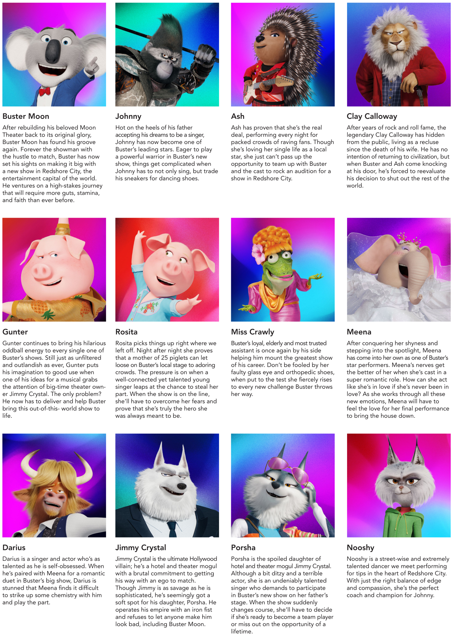 Images of the leading characters with character descriptions beneath each.