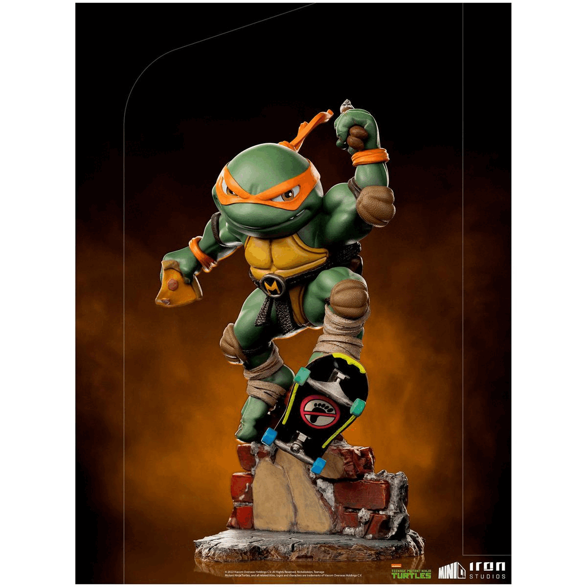 Repeating images in a loop showing the figure from different angles. Text reads, Teenage Mutant Ninja Turtles, Iron Studios. Seven point eight inches height, four point seven inches width, four point three inches depth. Zero point seven pounds weight.