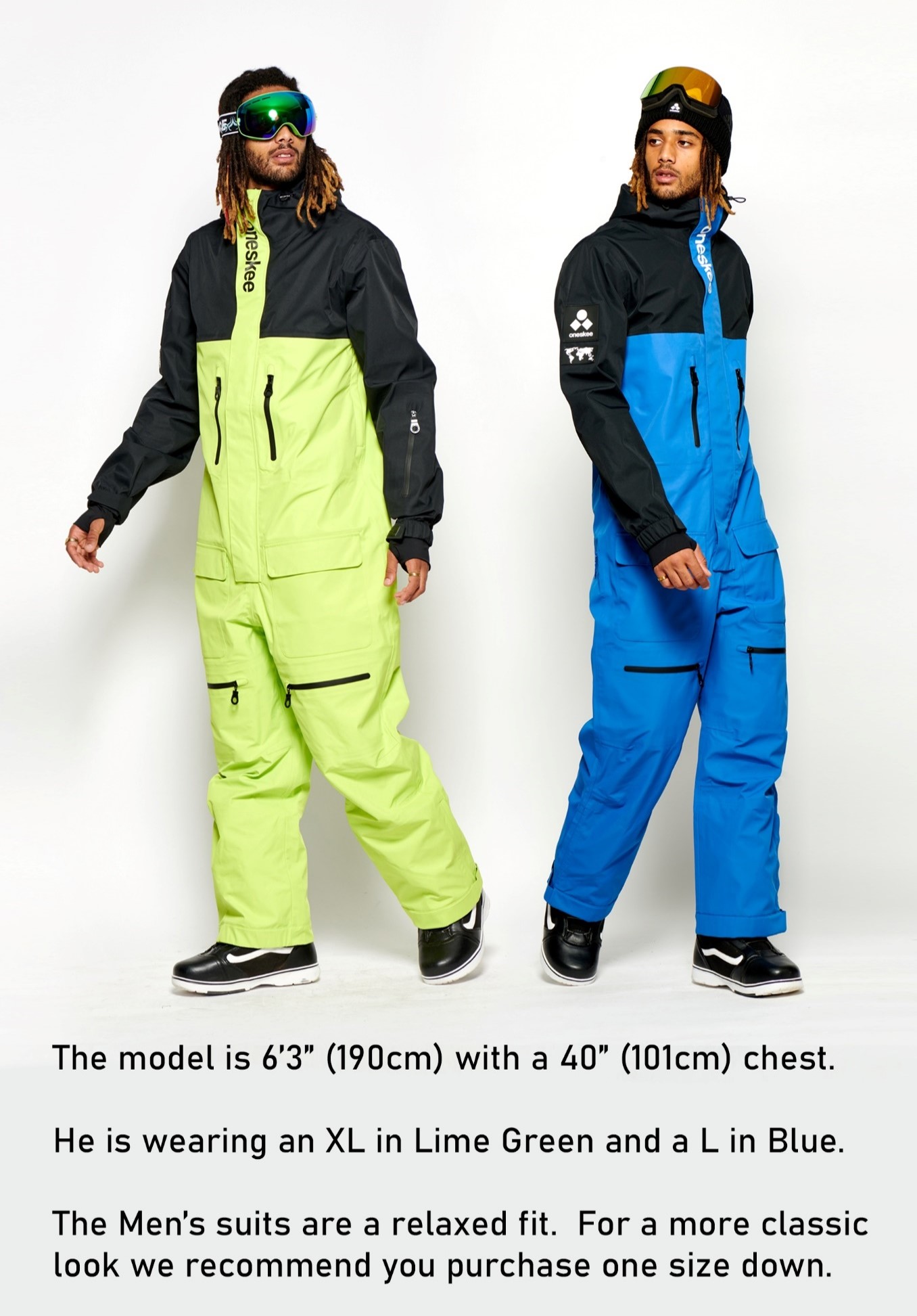 Male modelling 2 Ski Suits. The model is 6'3" (190cm) with a 40" (101cm) chest. He is wearing an XL in Lime Green and a L in Blue. The Men's suits are a relaxed fit. For a more classic look we recommend you purchase one size down.