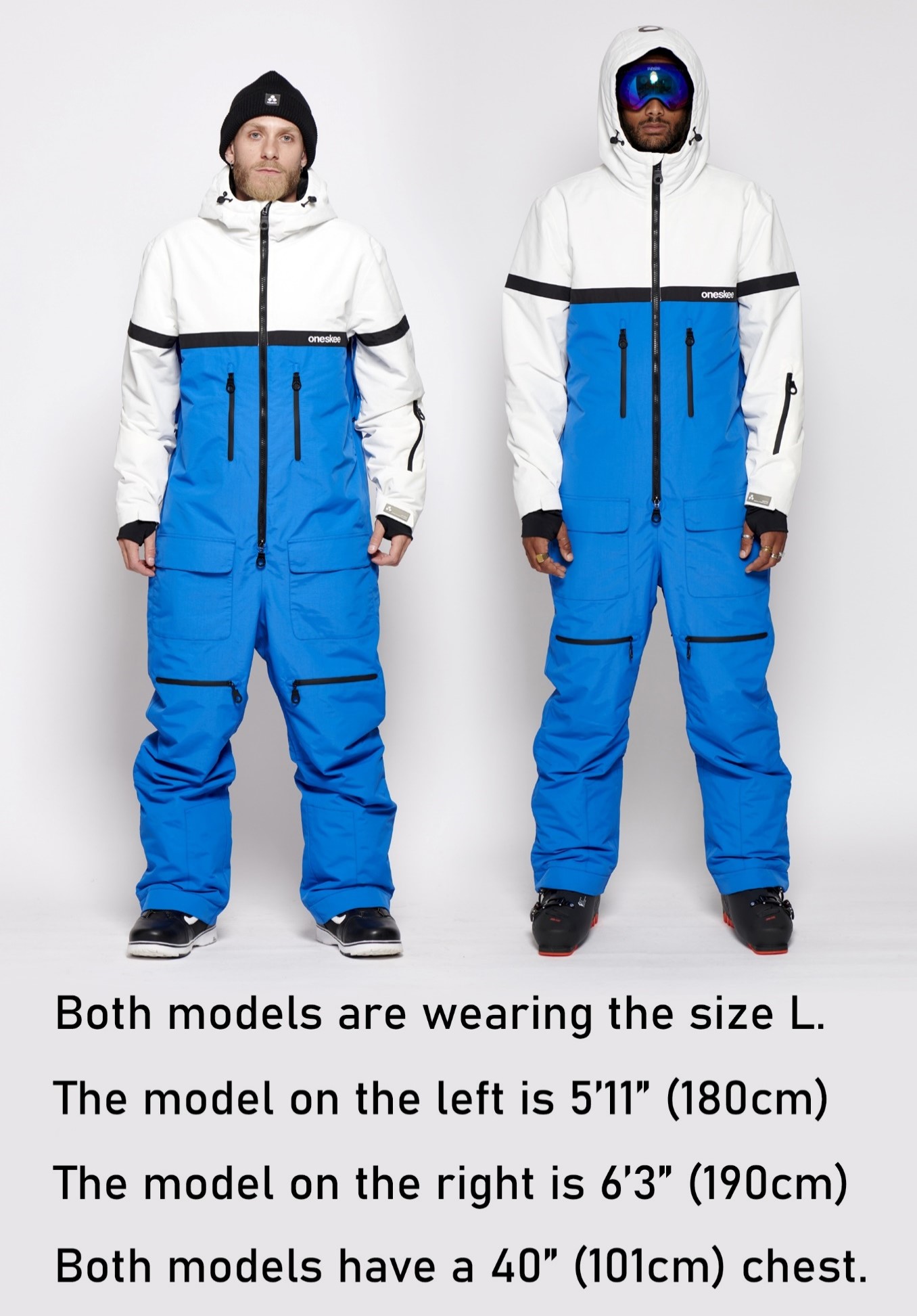 Two males modelling Ski Suits, both models are wearing the size L. The model on the left is 5'11" (180cm) The model on the right is 6'3" (190cm) Both models have a 40" (101cm) chest.