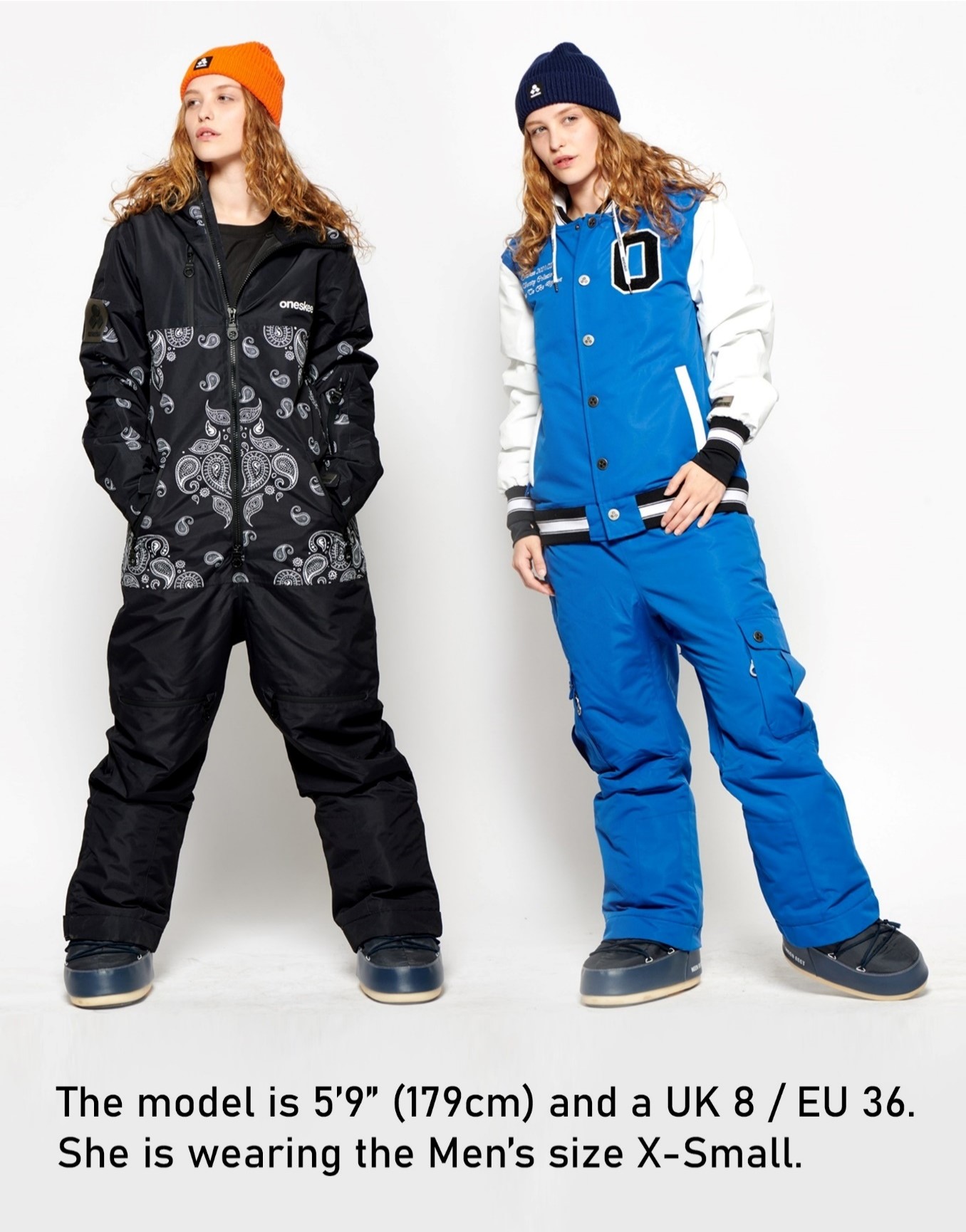 Female modelling two Ski Suits. The model is 5'9" (179cm) and a UK 8 / EU 36. She is wearing the Men's size X-Small.