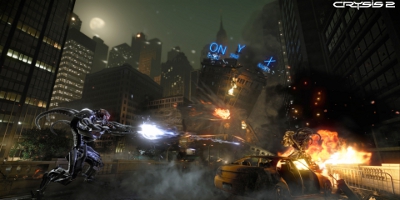 The player's character, firing at enemies in a city environment