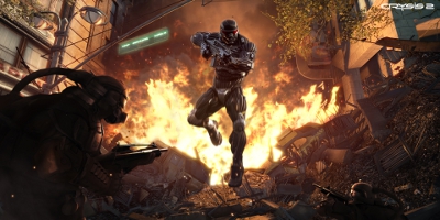 The player's character, jumping towards the screen, avoiding fire