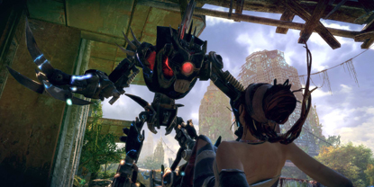 A large robot, looking down on a fallen girl