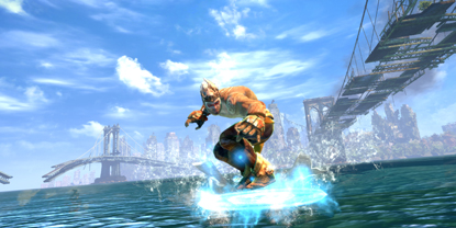 The player's character, surfing across water, with a city in the background