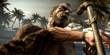 The player, fending off a zombie with some piping