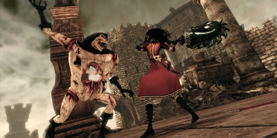Alice in a fight with a horrible-looking creature
