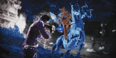 The player shooting at a blue horse-like creature and it's rider