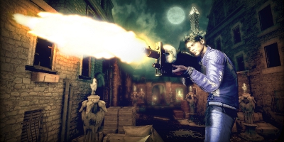 The player, firing one of the many extravagant guns in the game