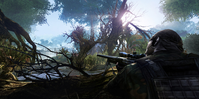 sniper hiding against tree