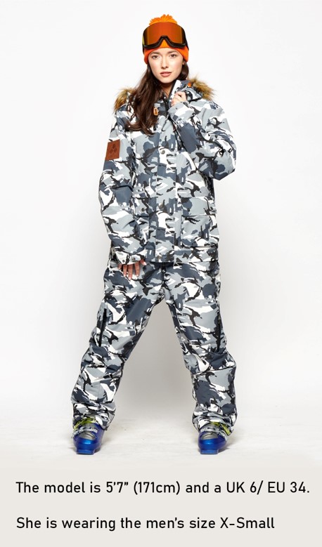 Female modelling a Ski Suit. The model is 5'7" (171cm) and a UK 6/ EU 34. She is wearing the men's size X-Small