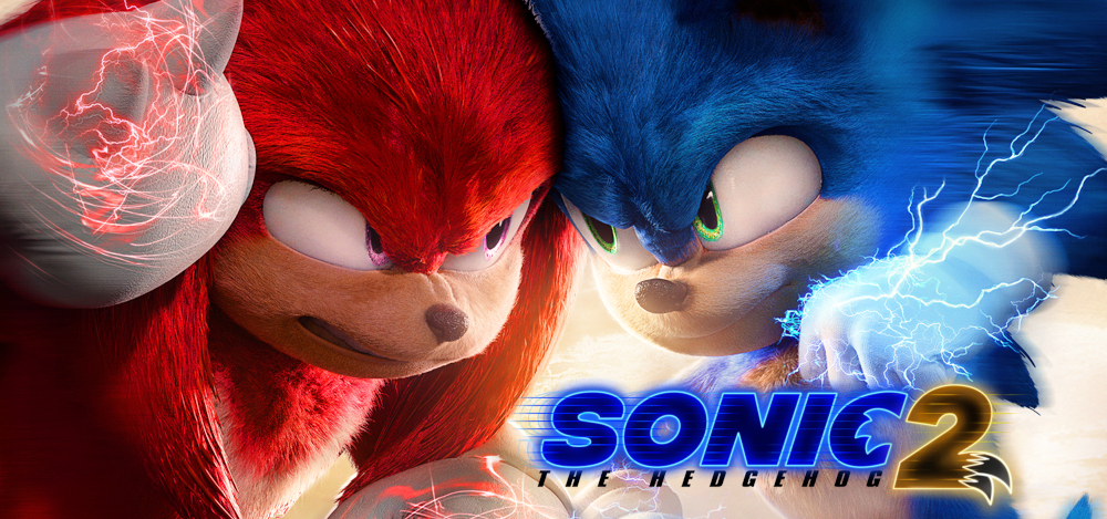 Image showing Knuckles on the left and Sonic on the right facing eachother with fists raised ready to punch. Red electricity surrounds Knuckles' fist, and blue electricity surrounds Sonic's fist. Text reads, Sonic The Hedgehog Two