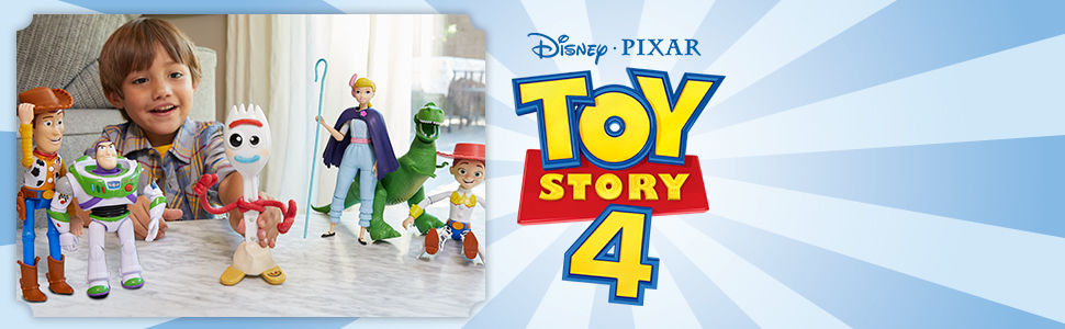 kids playing with toy story characters next to the toy story 4 logo