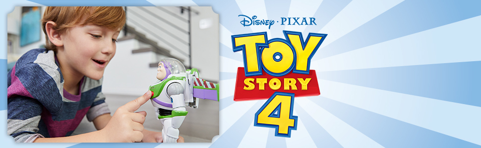 boy playing with buzz figure now pressing the action button next to toy story 4 logo