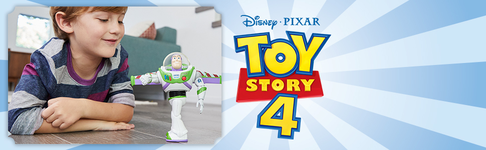 boy playing with buzz figure next to toy story 4 logo