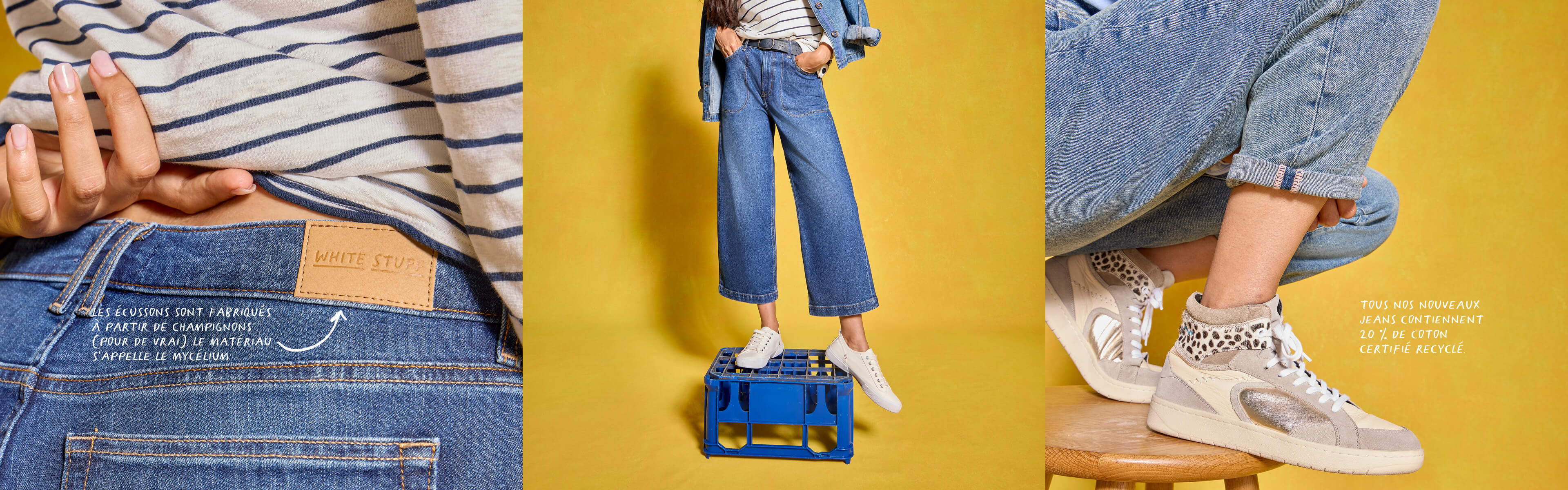 DIE AUFNÄHER SIND AUS PILZEN GEFERTIGT. (ECHT JETZT.) DAS MATERIAL NENNT SICH MYCEL. Alle unsere neuen Jeans enthalten 20 % zertifiziert recycelte Baumwolle.