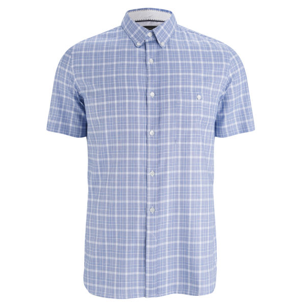 French Connection Mens Soldier Peached Short Sleeve Shirt   Blue Oxford Check      Mens Clothing