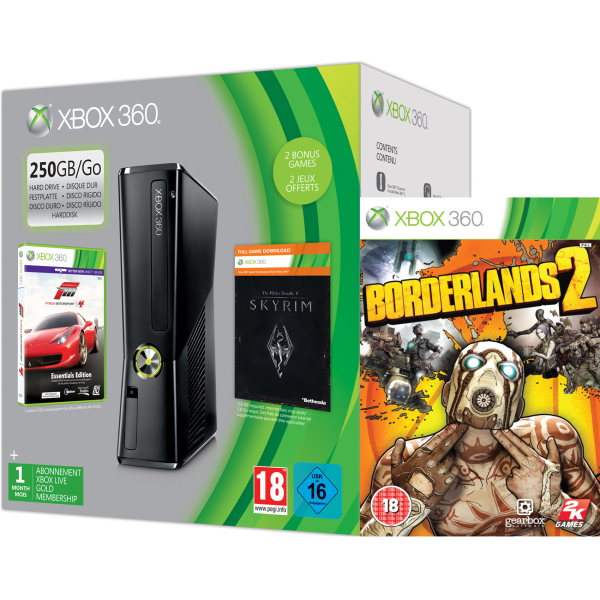 Xbox 360 250gb Holiday Borderlands Bundle Includes Borderlands 2 Forza 4 Essentials Edition Skyrim Live Dlc 1 Month Xbox Live Games Consoles Zavvi Us