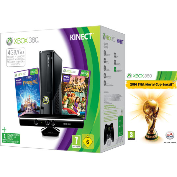 Xbox 360 4gb Kinect Holiday Bundle Includes 2014 Fifa World Cup Kinect Adventures Kinect Disney Land Adventures 1 Month Xbox Live Xbox 360 On Popscreen