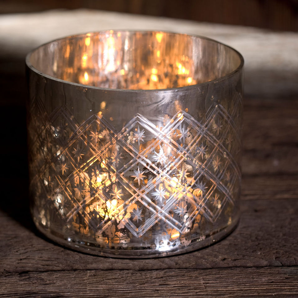 Nkuku Medium Etched Glass TLight Holder Rustic Silver IWOOT