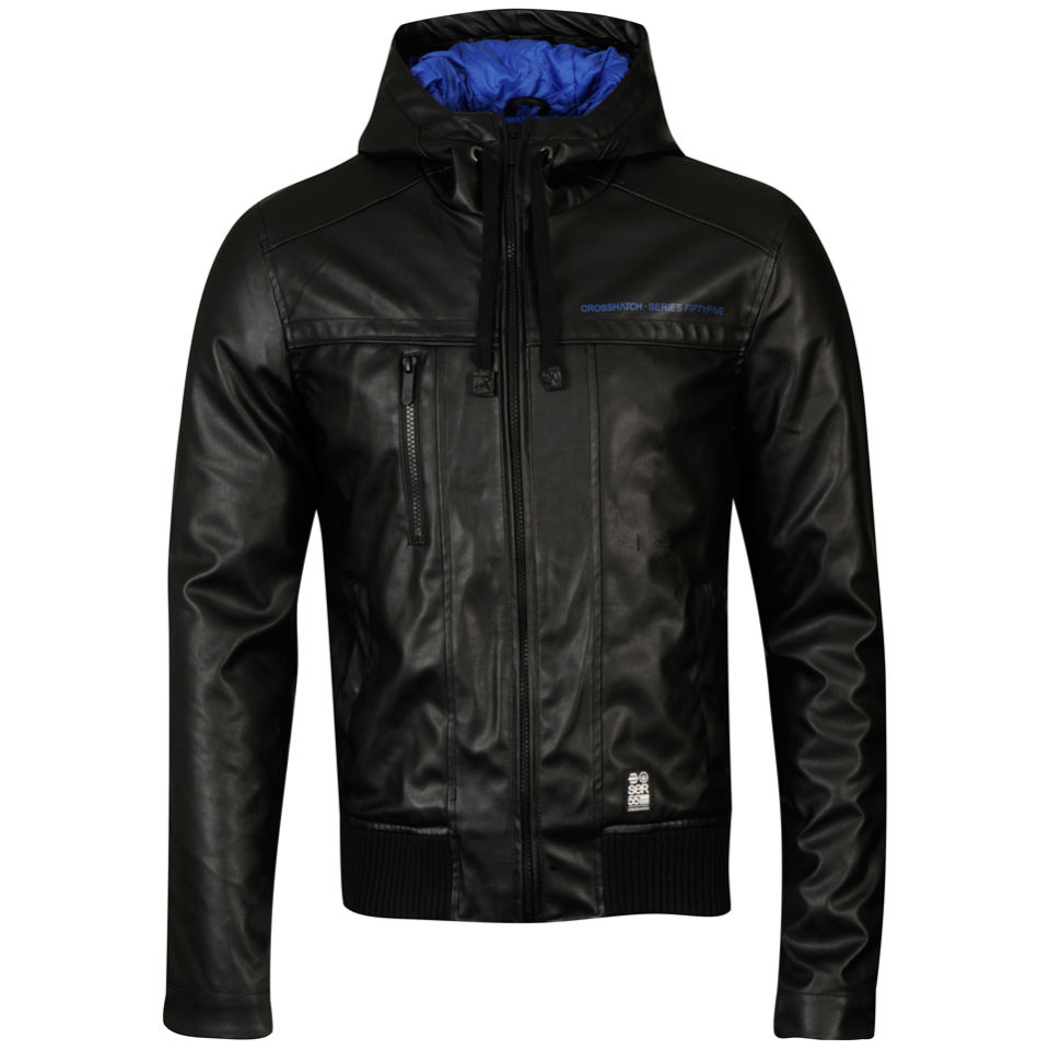 Crosshatch Men S Leather Look Contract Hooded Jacket Black Blue