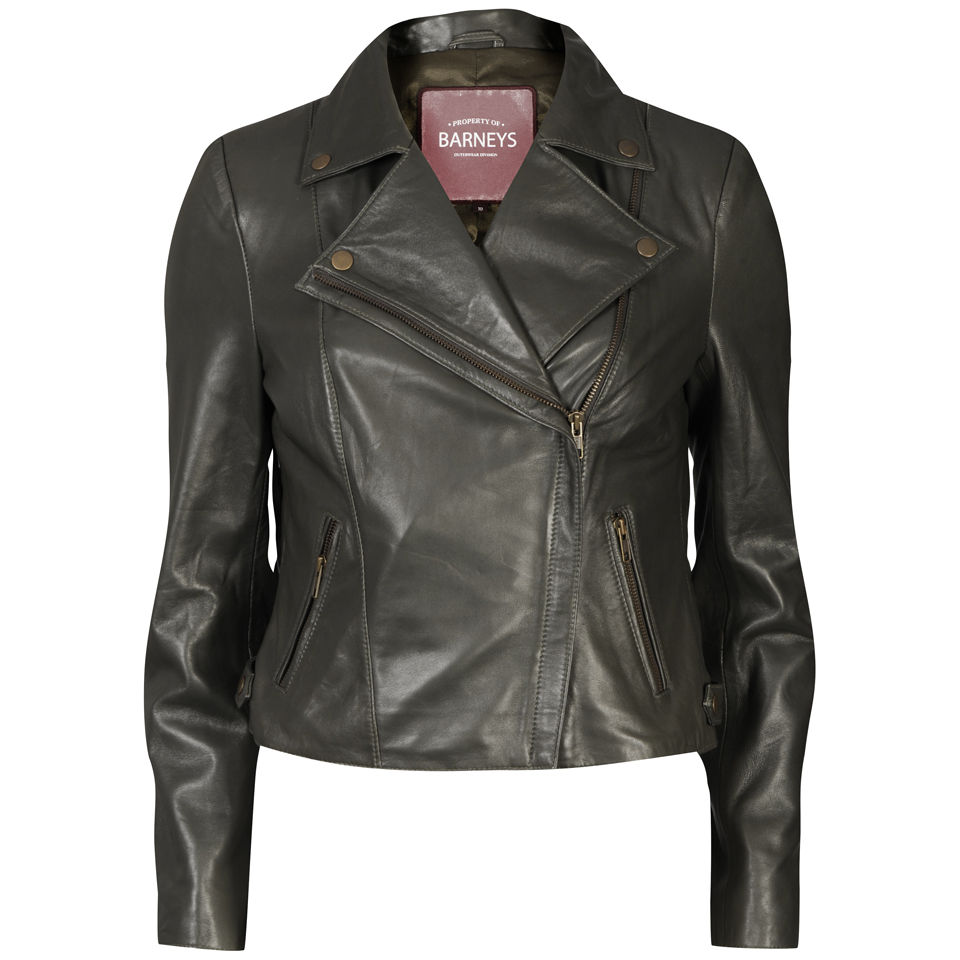 Barneys Women's Real Leather Biker Jacket - Khaki Womens Clothing | Zavvi