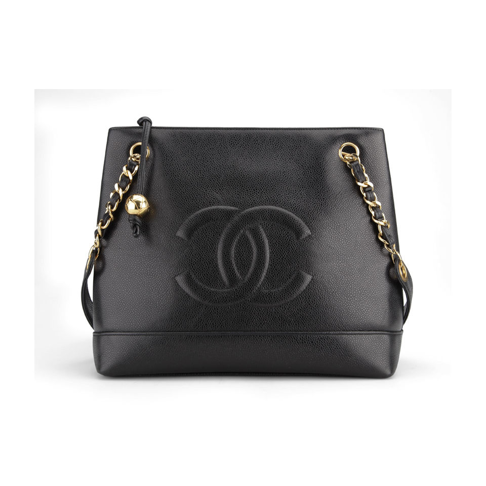Chanel Vintage Black Caviar Leather Shoulder Tote Bag Black